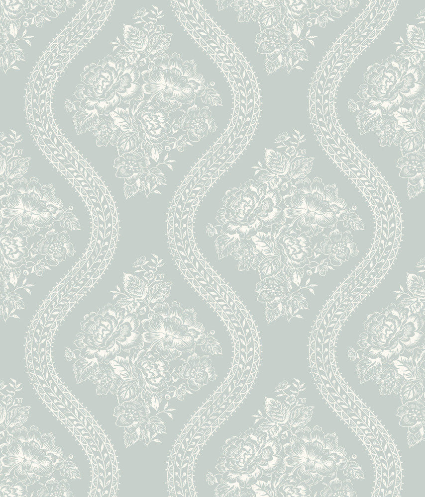 Coverlet White & Blue Wallpaper by Magnolia Home Magnolia Home Covers about 56.4 square feet 20.5-in by 33-ft long roll Prepasted 12 - Fabric Carolina -
