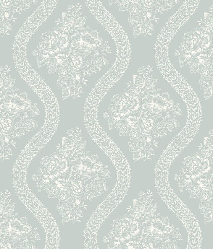 Coverlet White & Blue Wallpaper by Magnolia Home Magnolia Home Covers about 56.4 square feet 20.5-in by 33-ft long roll Prepasted 12 - Fabric Carolina -