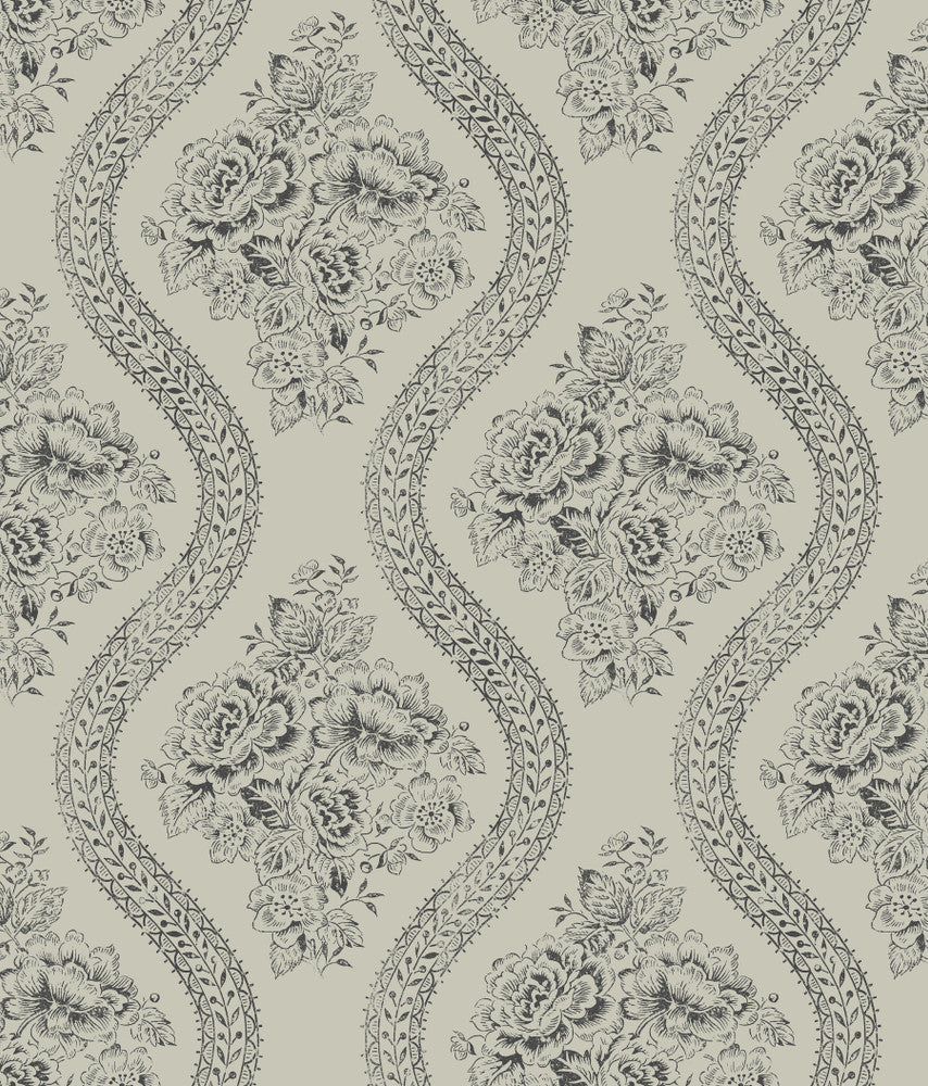 Coverlet Floral Black & Grey Wallpaper by Magnolia Home Magnolia Home Covers about 56.4 square feet 20.5-in by 33-ft long roll Prepasted 12 - Fabric Carolina -