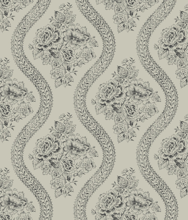 Coverlet Floral Black & Grey Wallpaper by Magnolia Home Magnolia Home Covers about 56.4 square feet 20.5-in by 33-ft long roll Prepasted 12 - Fabric Carolina -