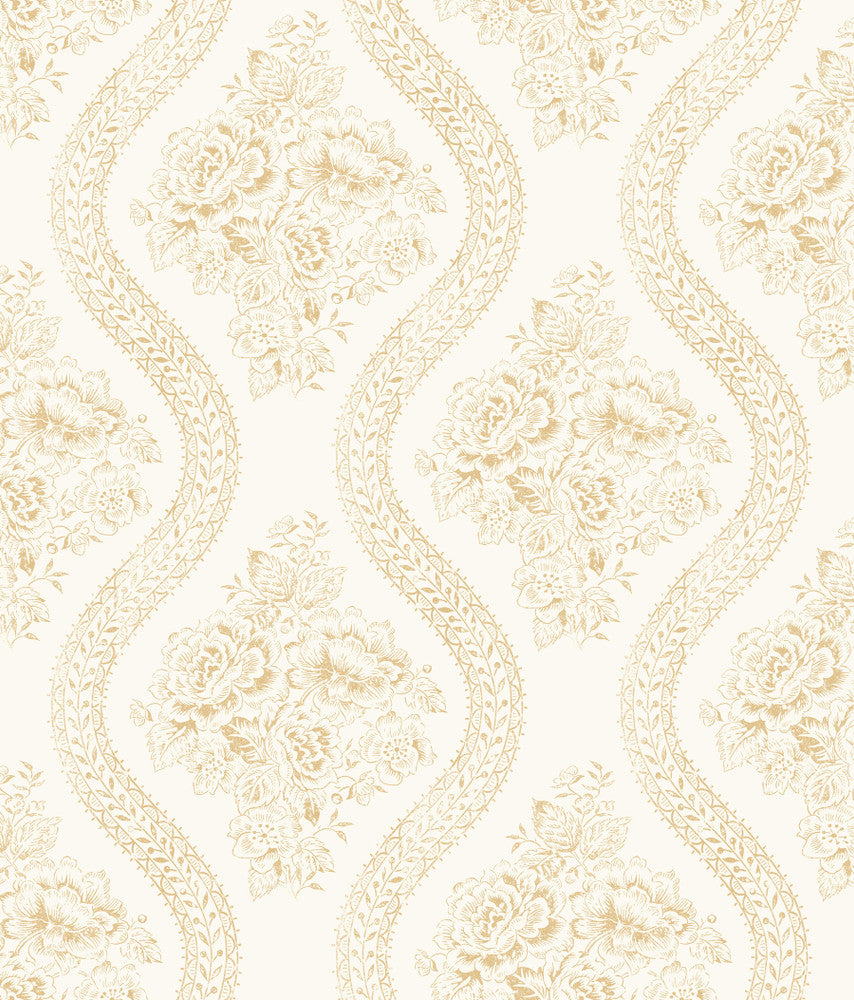Coverlet Floral Yellow Wallpaper by Magnolia Home Magnolia Home Covers about 56.4 square feet 20.5-in by 33-ft long roll Prepasted 12 - Fabric Carolina -