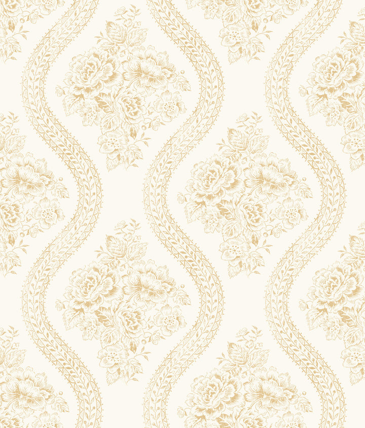 Coverlet Floral Yellow Wallpaper by Magnolia Home Magnolia Home Covers about 56.4 square feet 20.5-in by 33-ft long roll Prepasted 12 - Fabric Carolina -