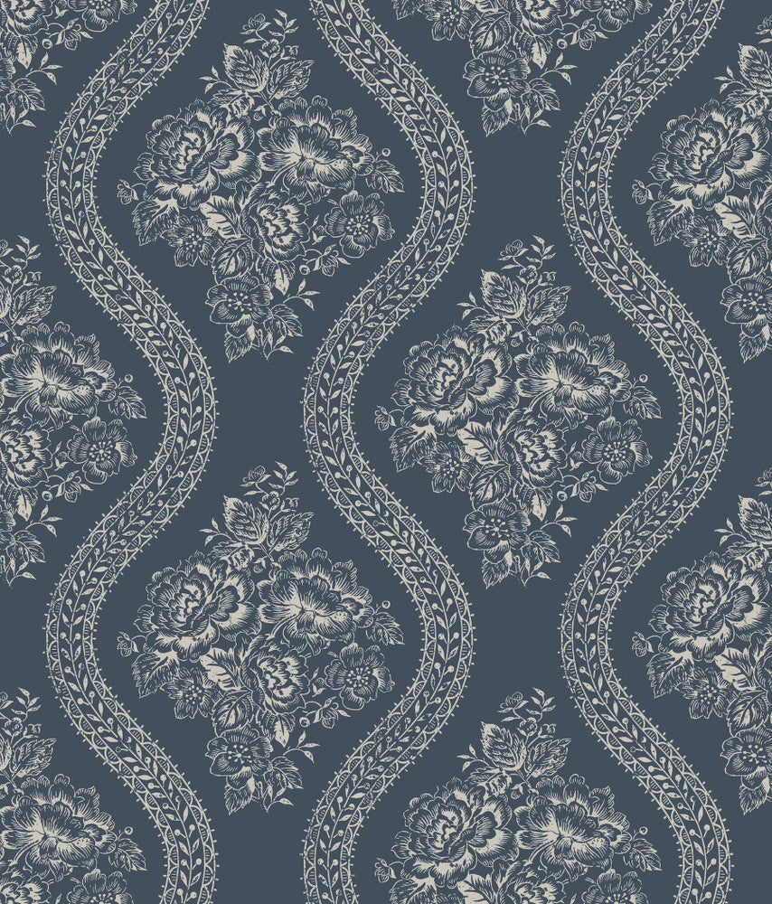 Coverlet Floral Grey & Blue Wallpaper by Magnolia Home Magnolia Home Covers about 56.4 square feet 20.5-in by 33-ft long roll Prepasted 12 - Fabric Carolina -