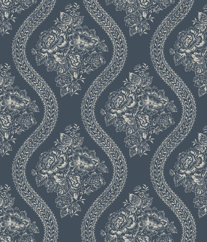 Coverlet Floral Grey & Blue Wallpaper by Magnolia Home Magnolia Home Covers about 56.4 square feet 20.5-in by 33-ft long roll Prepasted 12 - Fabric Carolina -