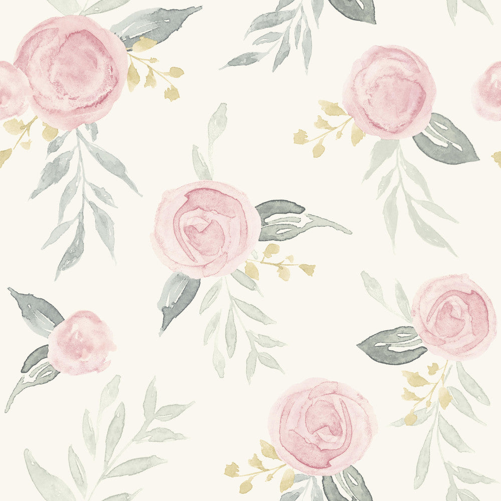 Watercolor Roses Pink Wallpaper by Magnolia Home Magnolia Home Artful Prints & Patterns Covers about 56.4 square feet 20.5-in by 33-ft long roll Prepasted 20.5 - Fabric Carolina -