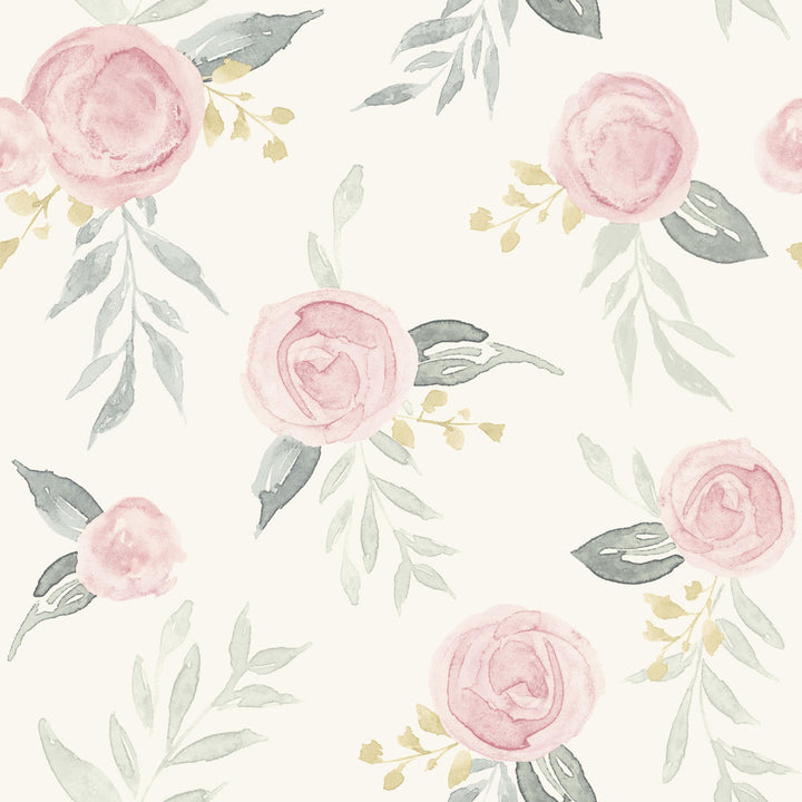 Watercolor Roses Pink Wallpaper by Magnolia Home Magnolia Home Artful Prints & Patterns Covers about 56.4 square feet 20.5-in by 33-ft long roll Prepasted 20.5 - Fabric Carolina -