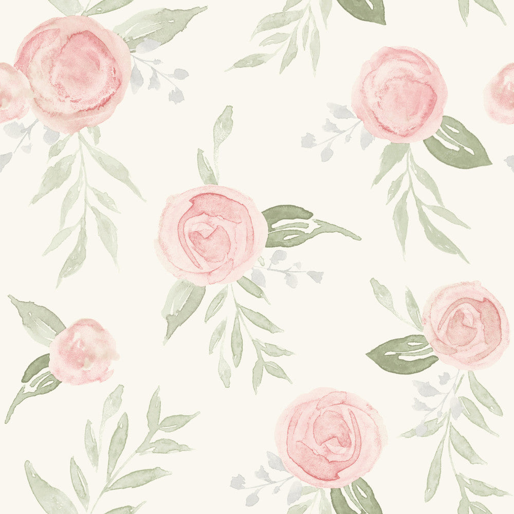 Watercolor Roses Coral Wallpaper by Magnolia Home Magnolia Home Artful Prints & Patterns Covers about 56.4 square feet 20.5-in by 33-ft long roll Prepasted 20.5 - Fabric Carolina -