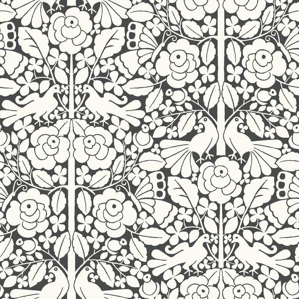 Fairy Tales Black Wallpaper by Magnolia Home Magnolia Home Artful Prints & Patterns Covers about 56.4 square feet 20.5-in by 33-ft long roll Prepasted 20.5 - Fabric Carolina -