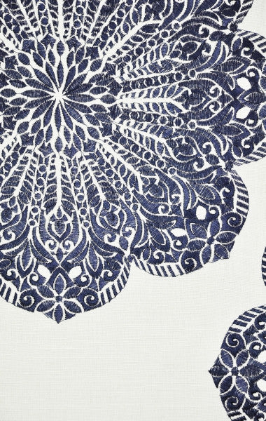 Mancini # 906 Indigo by Maxwell Fabric TELAFINA SEASON VII 60% LINEN/40% COTTON INDIA See sample </p><p>Repeat: Horizontal: 25.6" and Vertical: 18.9" 52" EMB. - Fabric Carolina -
