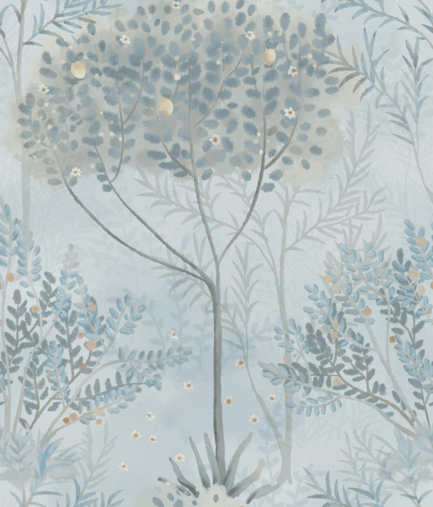 Orchard Blue & Grey Wallpaper by Inspired by Color Blues II Covers about 56.4 square feet 20.5-in by 33-ft long roll Prepasted 24 - Fabric Carolina -