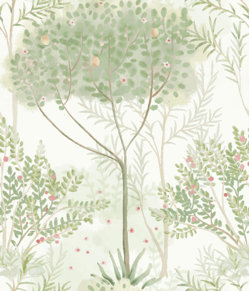 Orchard White & Green Wallpaper by York Wallcoverings Earthy Tones Covers about 56.4 square feet 20.5-in by 33-ft long roll Prepasted 24 - Fabric Carolina -