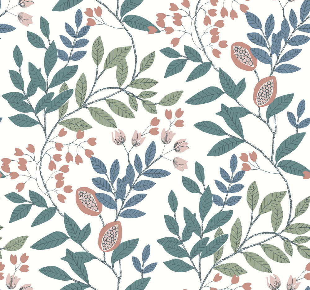 Eden Retreat Pink & Teal Wallpaper by York Wallcoverings Earthy Tones Covers about 60.8 square feet 27-in by 27-ft long roll Prepasted 25.25 - Fabric Carolina -
