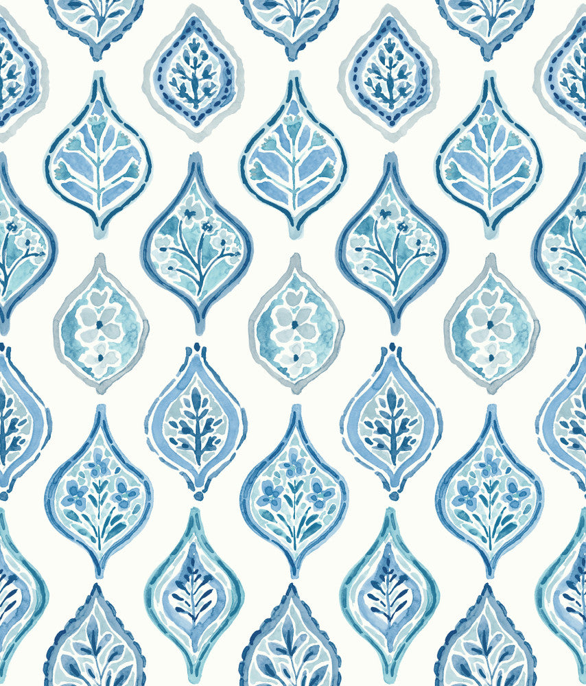Marketplace Motif White & Blue Wallpaper by York Wallcoverings Mediterranean Covers about 56.4 square feet 20.5-in by 33-ft long roll Prepasted 24 - Fabric Carolina -