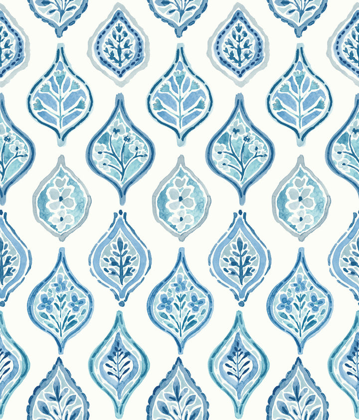 Marketplace Motif White & Blue Wallpaper by York Wallcoverings Mediterranean Covers about 56.4 square feet 20.5-in by 33-ft long roll Prepasted 24 - Fabric Carolina -