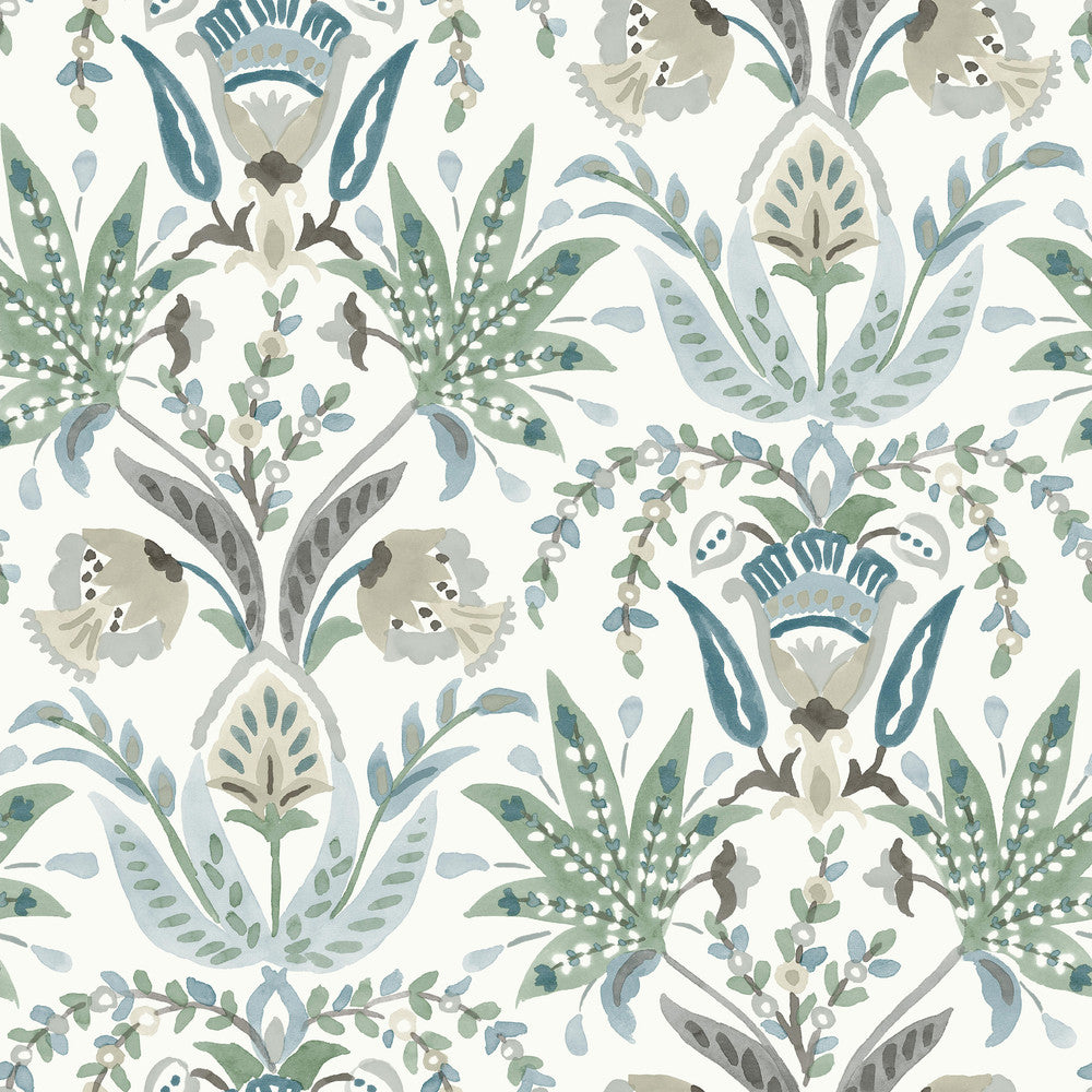 Seaside Jacobean Green & Blue Wallpaper by York Wallcoverings Earthy Tones Covers about 56.4 square feet 20.5-in by 33-ft long roll Prepasted 20.5 - Fabric Carolina -