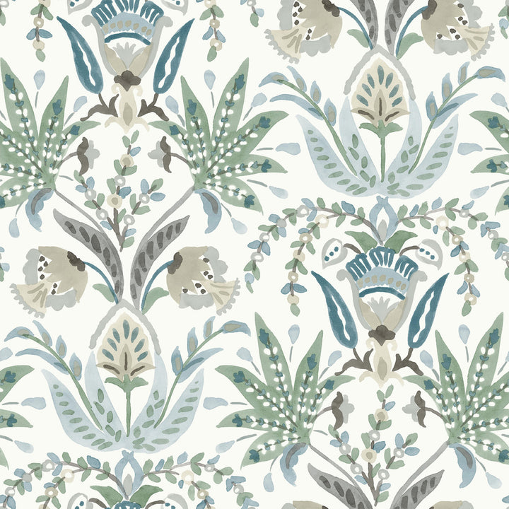 Seaside Jacobean Green & Blue Wallpaper by York Wallcoverings Earthy Tones Covers about 56.4 square feet 20.5-in by 33-ft long roll Prepasted 20.5 - Fabric Carolina -