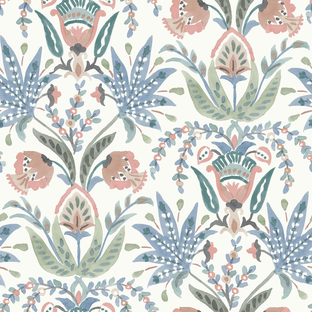 Seaside Jacobean Pink & Blue Wallpaper by York Wallcoverings Designer