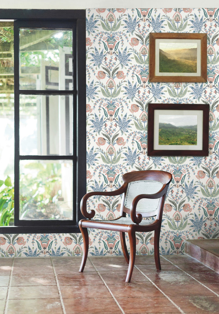 Seaside Jacobean Pink & Blue Wallpaper by York Wallcoverings Designer