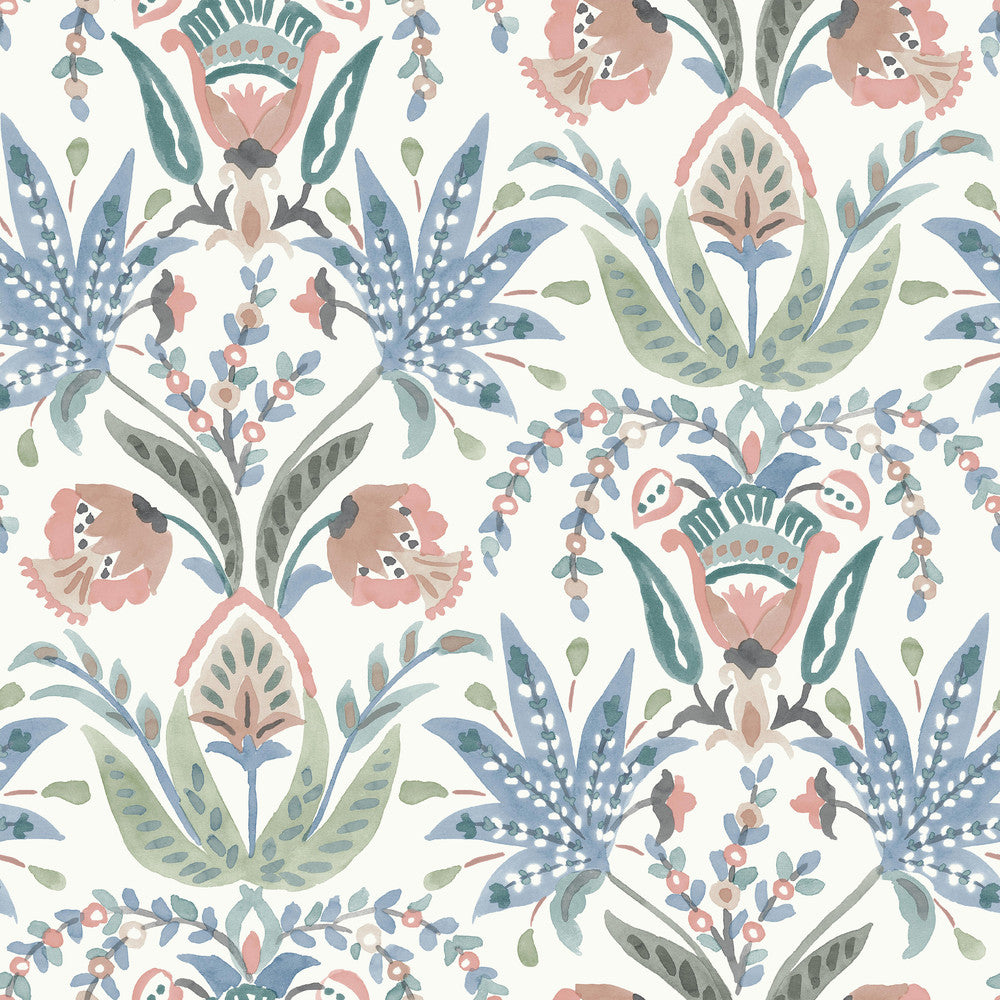 Seaside Jacobean Pink & Blue Wallpaper by York Wallcoverings Earthy Tones Covers about 56.4 square feet 20.5-in by 33-ft long roll Prepasted 20.5 - Fabric Carolina -