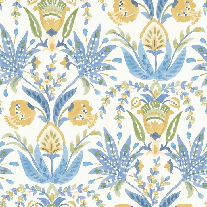 Seaside Jacobean Yellow & Blue Wallpaper by Inspired by Color Blues II Covers about 56.4 square feet 20.5-in by 33-ft long roll Prepasted 20.5 - Fabric Carolina -