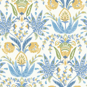 Seaside Jacobean Yellow & Blue Wallpaper by Inspired by Color