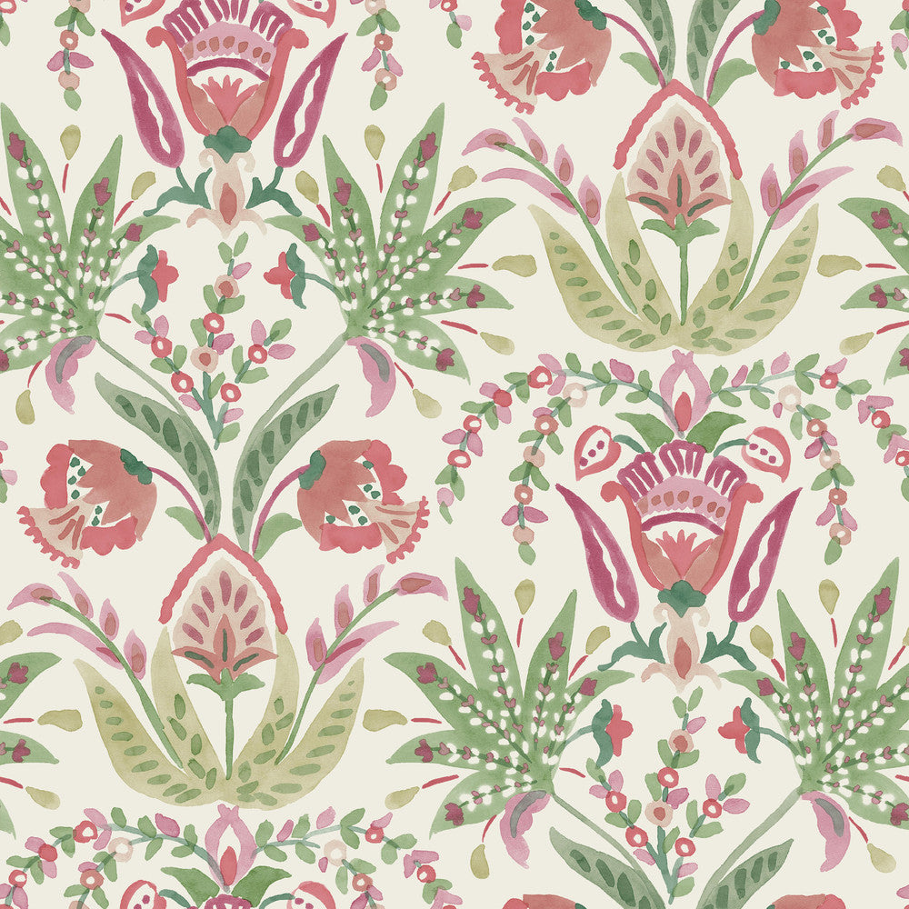 Seaside Jacobean Green & Red Wallpaper by York Wallcoverings Mediterranean Covers about 56.4 square feet 20.5-in by 33-ft long roll Prepasted 20.5 - Fabric Carolina -