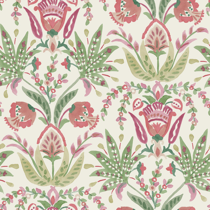 Seaside Jacobean Green & Red Wallpaper by York Wallcoverings Mediterranean Covers about 56.4 square feet 20.5-in by 33-ft long roll Prepasted 20.5 - Fabric Carolina -