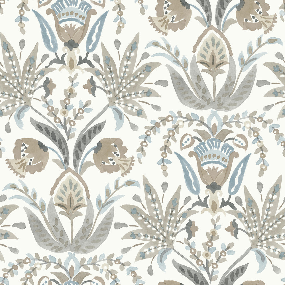 Seaside Jacobean Taupe & Blue Wallpaper by York Wallcoverings Beige & Neutrals Covers about 56.4 square feet 20.5-in by 33-ft long roll Prepasted 20.5 - Fabric Carolina -