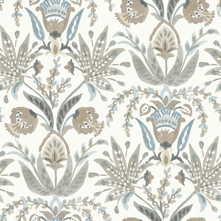 Seaside Jacobean Taupe & Blue Wallpaper by York Wallcoverings Beige & Neutrals Covers about 56.4 square feet 20.5-in by 33-ft long roll Prepasted 20.5 - Fabric Carolina -