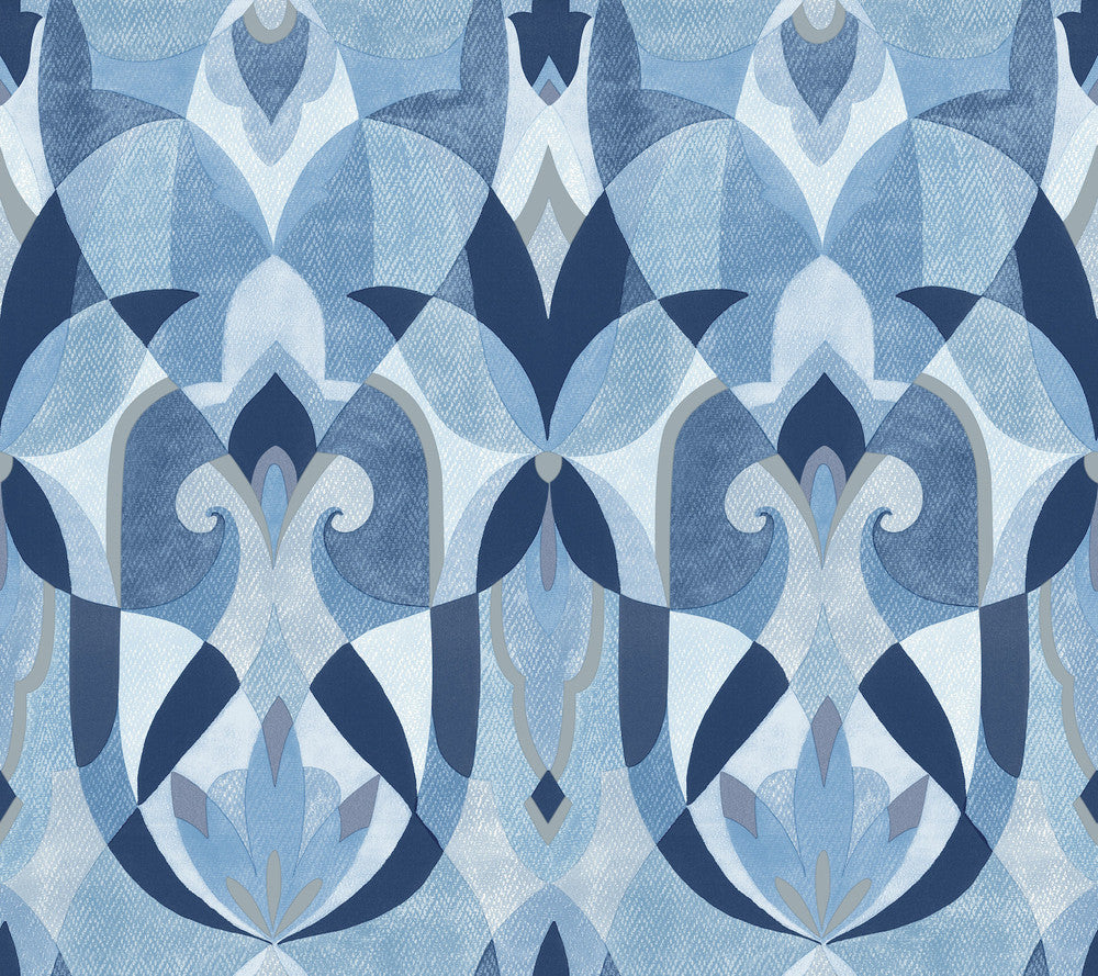 Malta Blue & Silver Wallpaper by York Wallcoverings Mediterranean Covers about 60.8 square feet 27-in by 27-ft long roll Prepasted 24 - Fabric Carolina -