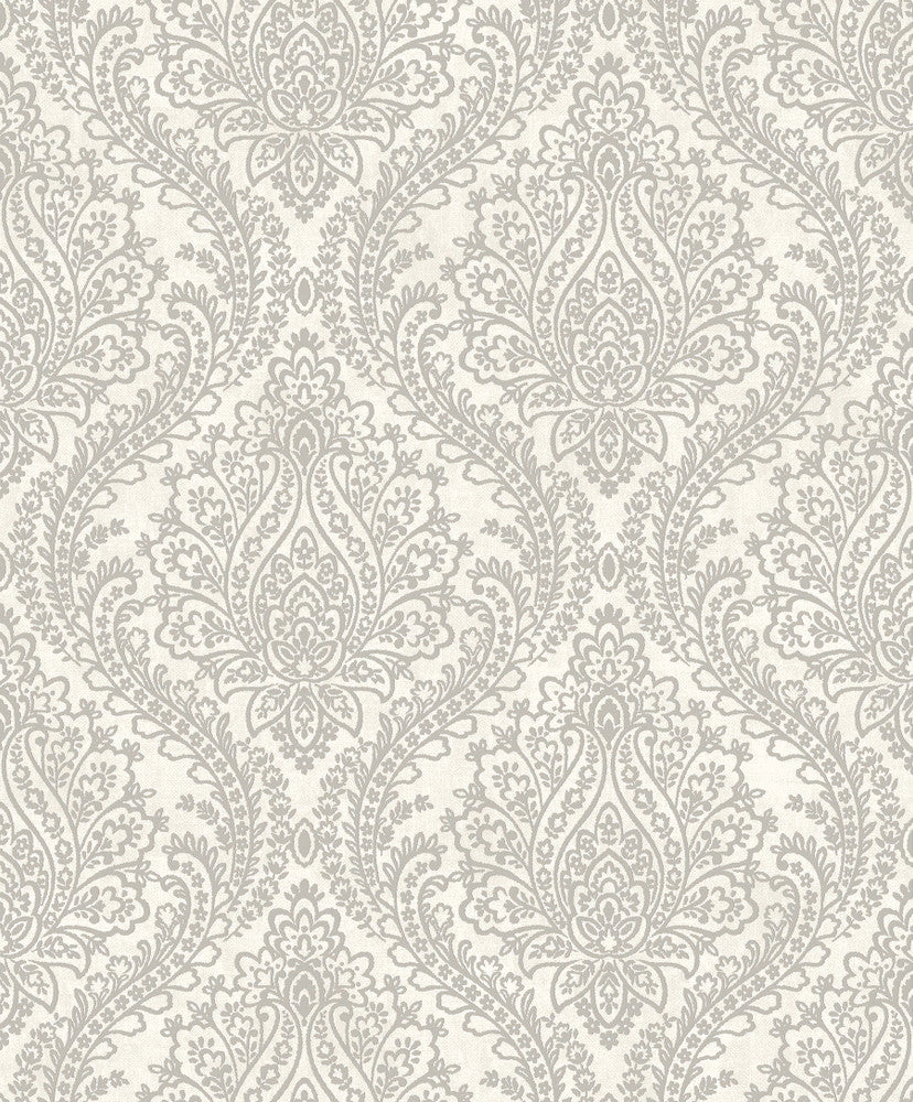 White & Silver Tattersall Damask Wallpaper by Antonina Vella Antonina Vella Mixed Metals Covers about 57.2 square feet 20.8-in by 33-ft long roll Unpasted 12.5 - Fabric Carolina -