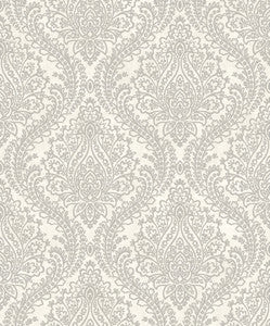 White & Silver Tattersall Damask Wallpaper by Antonina Vella
