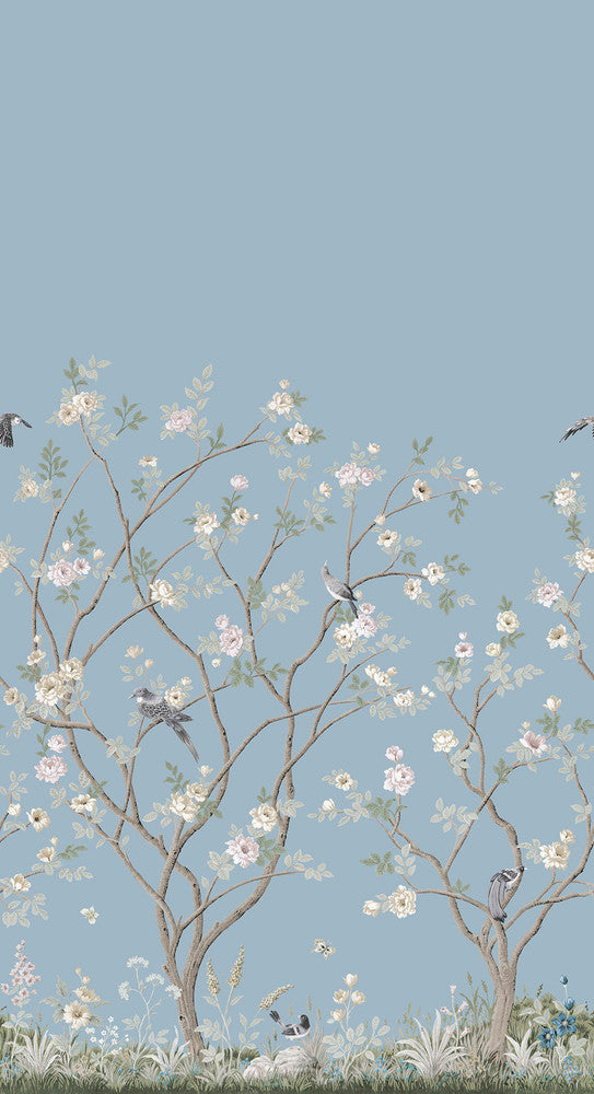 Lingering Garden Sky Blue Wall Mural by Ronald Redding Classics Covers 2 panels - measures 5.5-ft wide by 10.2-ft tall when assembled 33.25-in by 10.2-ft long roll Unpasted 0 - Fabric Carolina -