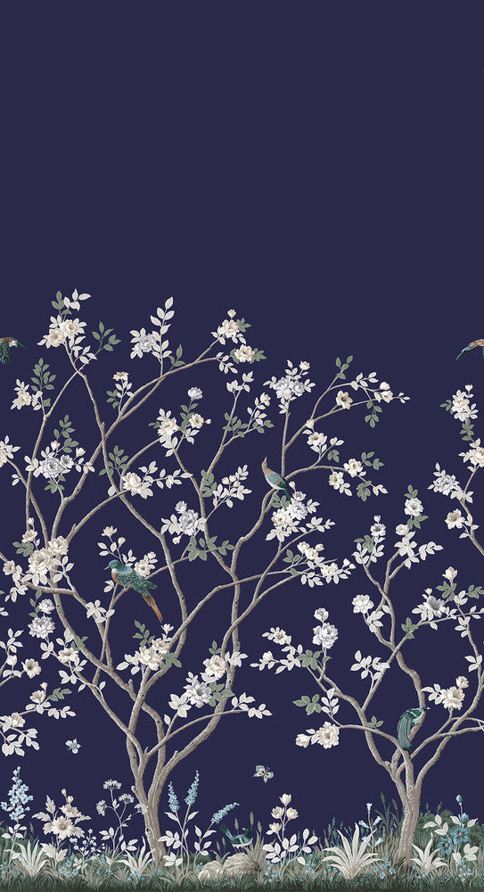 Lingering Garden Navy Wall Mural by Ronald Redding Classics Covers 2 panels - measures 5.5-ft wide by 10.2-ft tall when assembled 33.25-in by 10.2-ft long roll Unpasted 0 - Fabric Carolina -