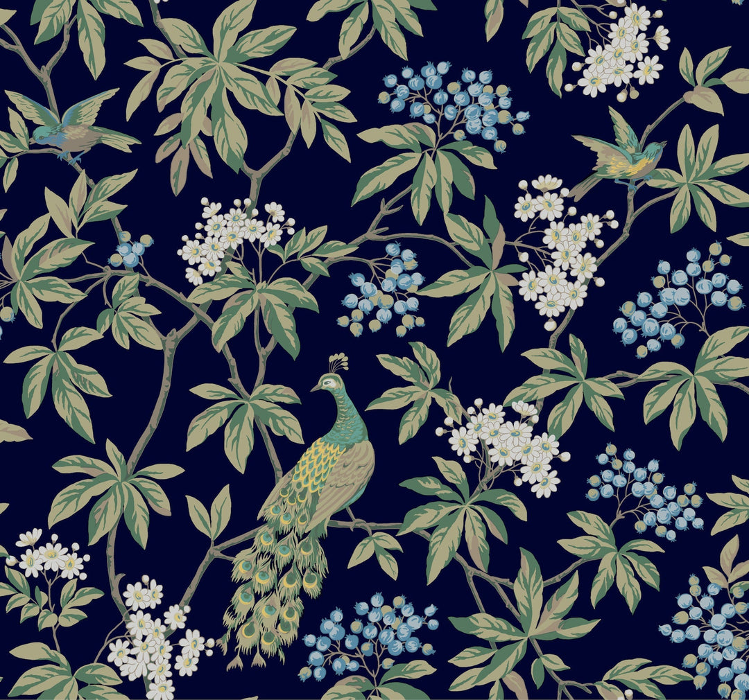Peacock Estate Navy Wallpaper by Ronald Redding Designer