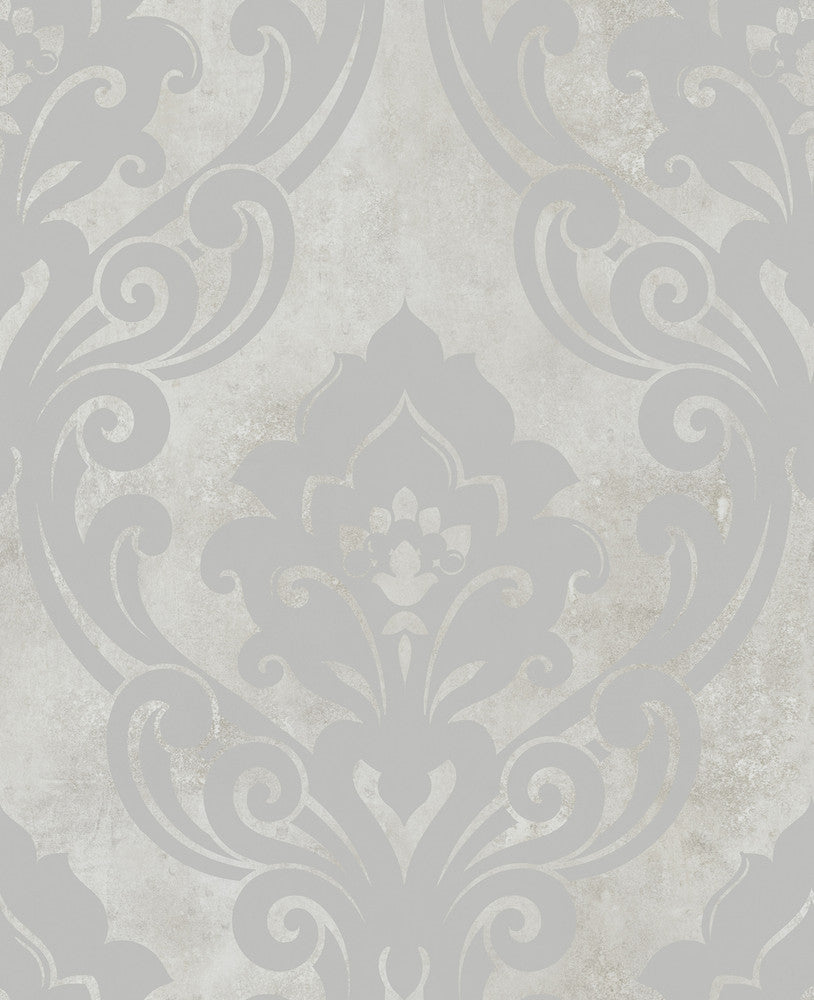 Vogue Damask Metallic Silver and Greige by Seabrook Wallpaper Nouveau Luxe United States 56.05 25.2" 20.5" - Fabric Carolina -