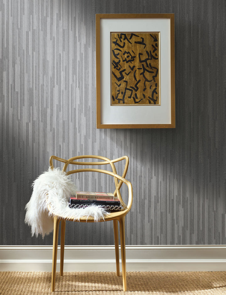 Vertical Plumb Charcoal Metallic Wallpaper by York Wallcoverings Designer