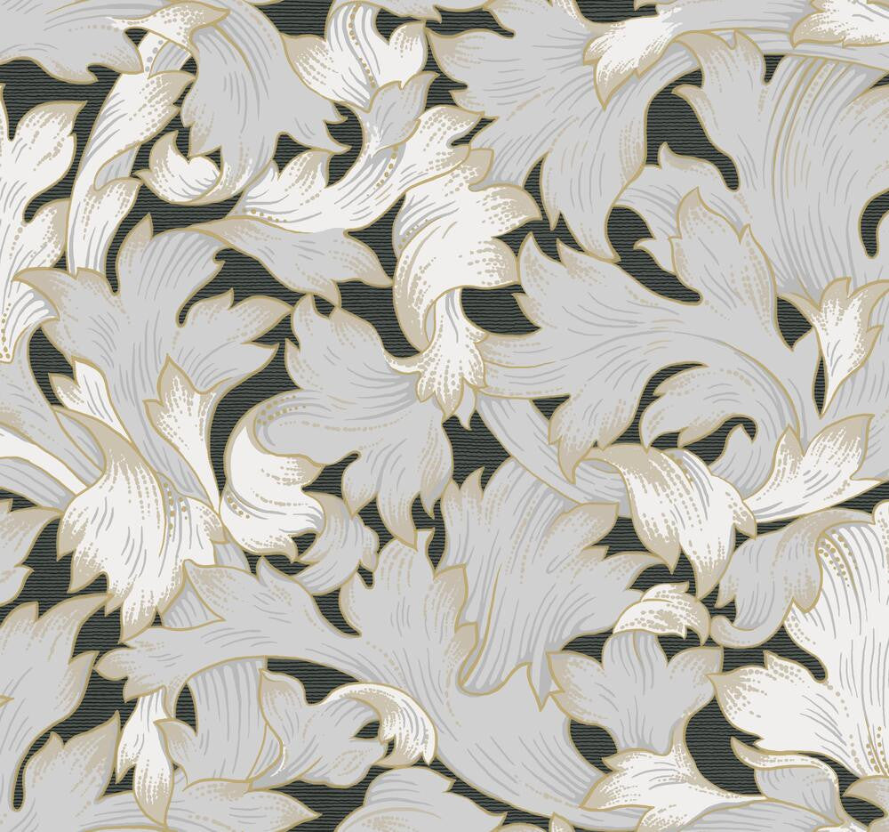 Acanthus Toss Black & Grey Wallpaper by York Wallcoverings Shimmering Finishes Covers about 60.8 square feet 27-in by 27-ft long roll Unpasted 25.25 - Fabric Carolina -