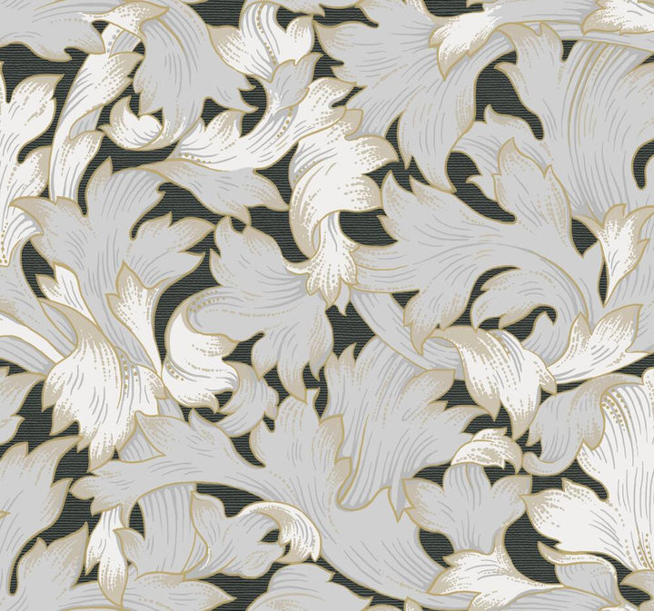 Acanthus Toss Black & Grey Wallpaper by York Wallcoverings Shimmering Finishes Covers about 60.8 square feet 27-in by 27-ft long roll Unpasted 25.25 - Fabric Carolina -