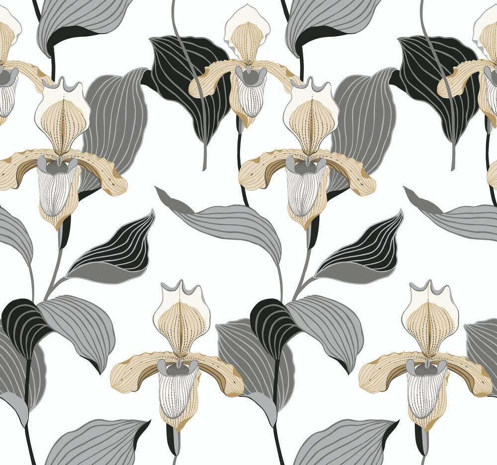 Lady Slipper Gold & Grey Wallpaper by Inspired by Color Black & White, III Covers about 60.8 square feet 27-in by 27-ft long roll Unpasted 25.25 - Fabric Carolina -