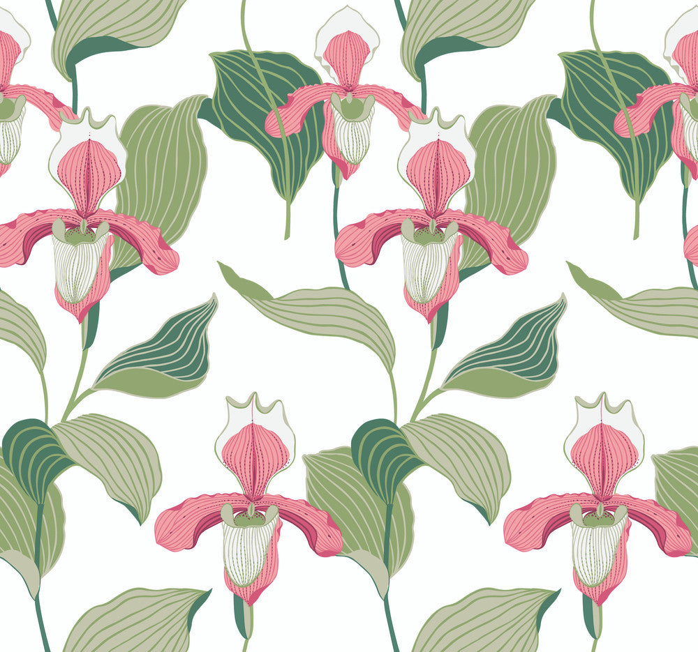 Coral & Green Lady Slipper Wallpaper by York Wallcoverings Modern Heritage 125th Anniversary Covers about 60.8 square feet 27-in by 27-ft long roll Unpasted 25.25 - Fabric Carolina -