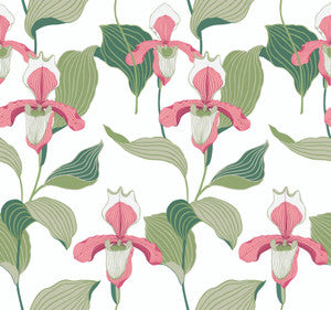 Coral & Green Lady Slipper Wallpaper by York Wallcoverings