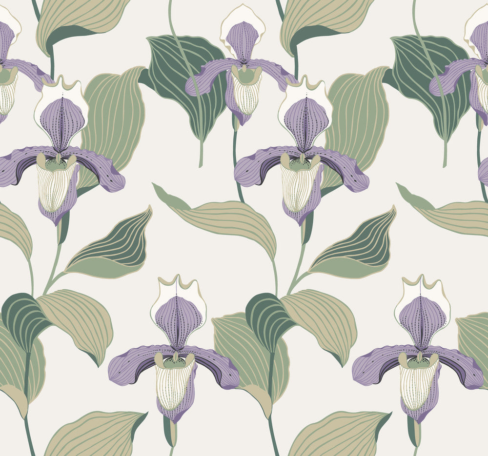 Lavender & Green Lady Slipper Wallpaper by York Wallcoverings Modern Heritage 125th Anniversary Covers about 60.8 square feet 27-in by 27-ft long roll Unpasted 25.25 - Fabric Carolina -