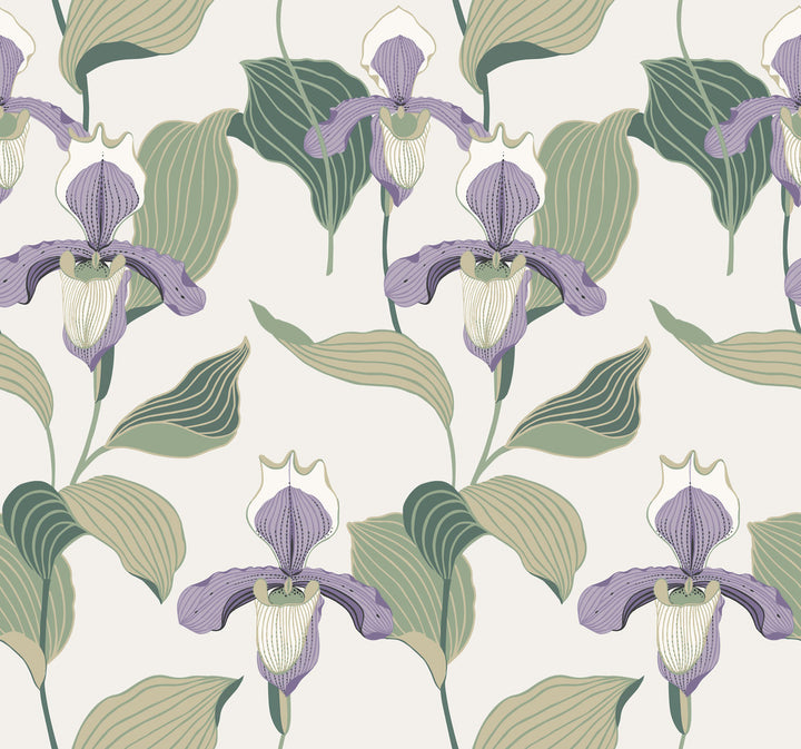 Lavender & Green Lady Slipper Wallpaper by York Wallcoverings Modern Heritage 125th Anniversary Covers about 60.8 square feet 27-in by 27-ft long roll Unpasted 25.25 - Fabric Carolina -