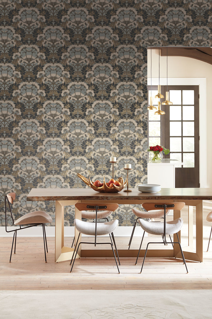 Yarrow Nouveau Charcoal & Gold Wallpaper by Inspired by Color Designer