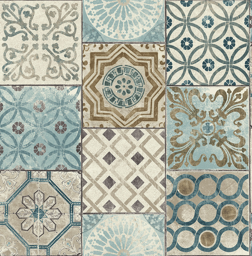 Morocaan Tile Blue & Copper by Seabrook Wallpaper NextWall Peel & Stick United States 30.75 20.87" 20.5" - Fabric Carolina -