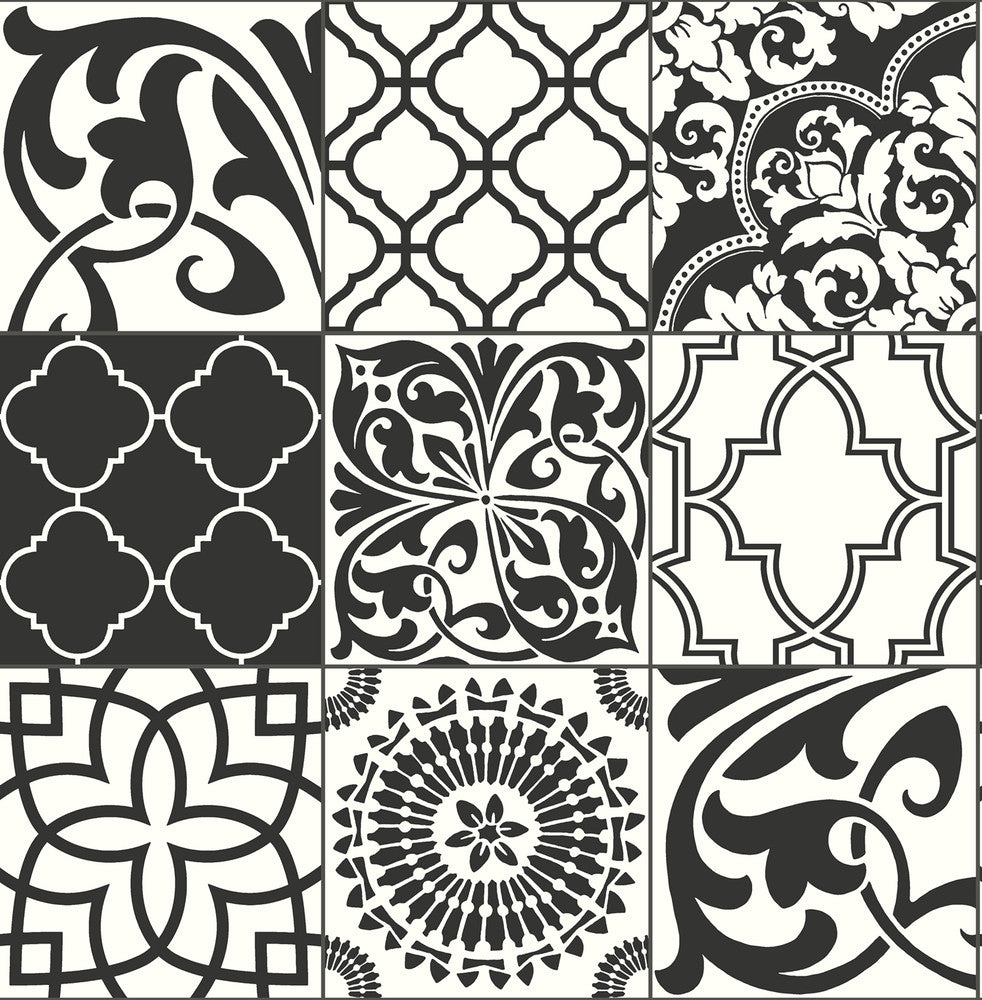 Black and White Graphic Tile Black & White by Seabrook Wallpaper NextWall Peel & Stick United States 30.75 20.87" 20.5" - Fabric Carolina -