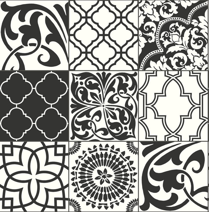 Black and White Graphic Tile Black & White by Seabrook Wallpaper NextWall Peel & Stick United States 30.75 20.87" 20.5" - Fabric Carolina -