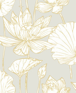 Lotus Floral Metallic Gold & Gray by Seabrook Wallpaper
