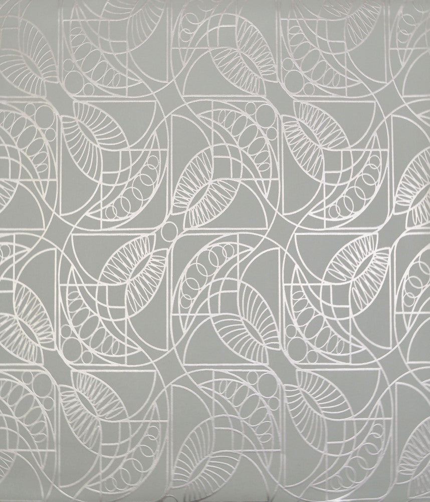 Cartouche Blue & Silver Wallpaper by Antonina Vella Antonina Vella Modern Metals Covers about 56.9 square feet 20.8-in by 32.8-ft long roll Unpasted 12.6 - Fabric Carolina -